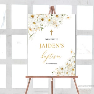 Plantilla de signo de bienvenida del bautismo de Daisy, signo de bienvenida del bautismo editable, delicadas flores blancas amarillas, cartel de bienvenida del bautismo imprimible, Corjl