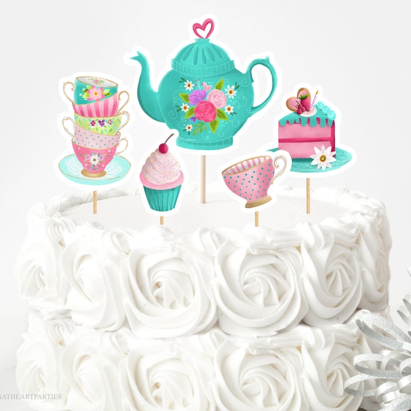 Printable Tea Party Centerpieces, Par-tea Birthday Party Cake Topper, Table Decor Floral Tea Party Decorations, Digital Printable DIY