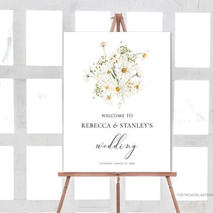 Plantilla de signo de bienvenida de boda Daisy, bienvenida de boda floral amarilla de verano, bienvenida editable a nuestro signo de boda, signo de bienvenida de Daisy delicado