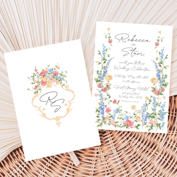 Spring Floral Wedding Invitation Template, Floral Crest Wedding Monogram Wedding Invite, Soft Watercolor Painted Wildflowers, Corjl, PPFS