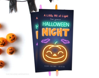 Neon Light For Your Halloween Night Gift Tags, Halloween Glow Stick Tag, Classroom Trick or Treat Non Candy Favor Tag, Editable Template