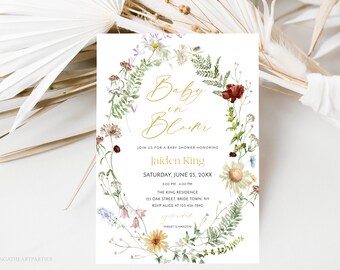 Botanical Wildflowers Baby Shower Invitation, Baby is Bloom Invitation, Boho Wildflower Baby Shower Invitation, Edit with Corjl, BWF2