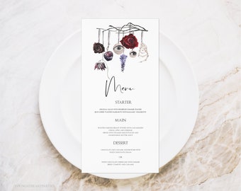 Gothic Halloween Menu Template, Editable Halloween Menu Cards, Halloween Dinner Party Menu, Purple Red Black, Spooky Menu, SBHB01