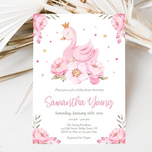 Swan Baby Shower Invitation, Pink Baby Shower Invitation, Baby Girl Shower, Pink Floral Baby Shower, Editable Template, Corjl