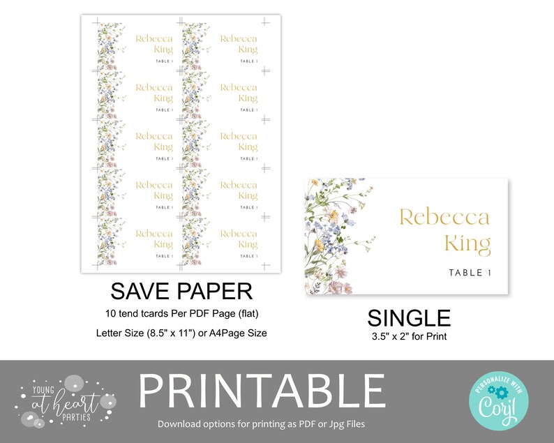Editable Botanical Place Card, Boho Wildflower Wedding Place Card Template, Garden Meadow Florals Name Card, Printable Instant Download, WMF image 5