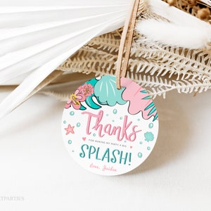 Pastel Tropical Pool Party Thank You Tag Template, Girls Pool Birthday Party Round Favor Tags, Splish Splash Pink Pool Party Favors, Corjl image 1