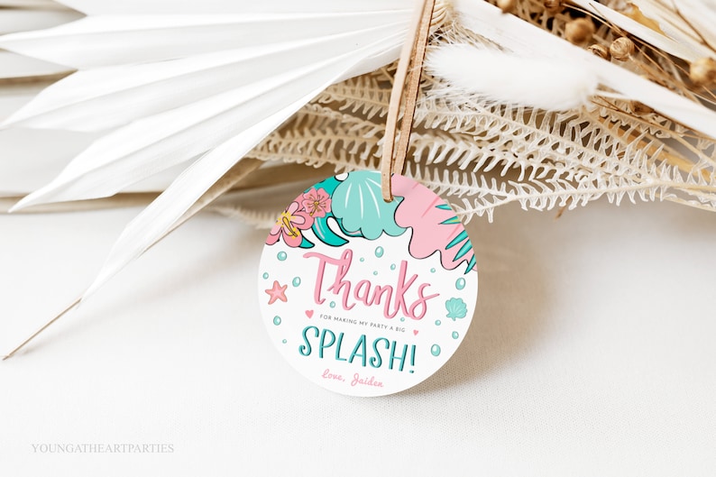 Pastel Tropical Pool Party Thank You Tag Template, Girls Pool Birthday Party Round Favor Tags, Splish Splash Pink Pool Party Favors, Corjl image 1