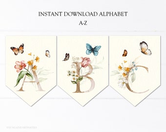 Wildflower Butterfly Birthday Banner, Boho Flowers A-Z Bunting, Birthday High Chair Banner, Printable Download Floral Wildflowers Banner