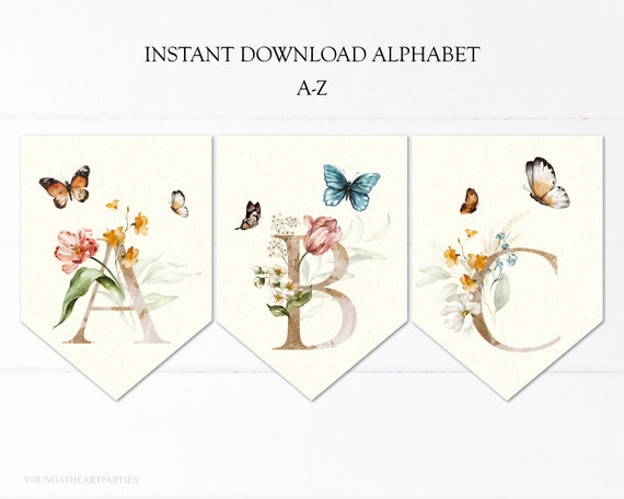 Wildflower Butterfly Birthday Banner, Boho Flowers A-Z Bunting, Birthday High Chair Banner, Printable Download Floral Wildflowers Banner Il_570xn