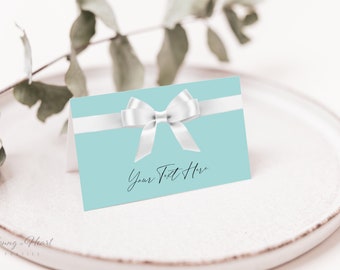 Bride and Co. Place Card Template, Breakfast at Theme Tent Cards, White Satin Ribbon with Aqua Blue Place Cards, Food Tent Cards, BTD