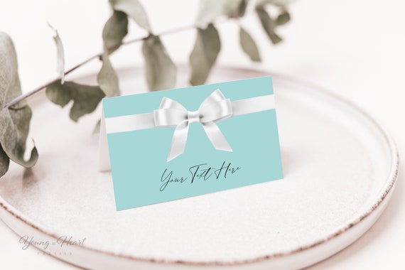 Bride and Co. Place Card Template, Breakfast at Theme Tent Cards, White Satin Ribbon with Aqua Blue Place Cards, Food Tent Cards, BTD Il_570xn