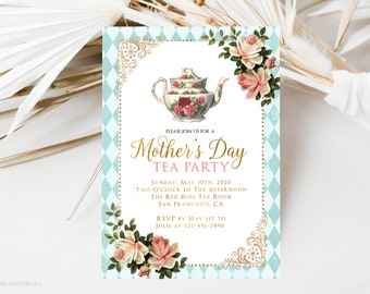 Shabby Chic Mothers Day Tea Party Invitation, Printable Mothers Day Invite, High Tea, Victorian Tea Party, Editable Template, Corjl