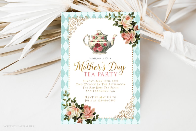 Shabby Chic Mothers Day Tea Party Invitation, Printable Mothers Day Invite, High Tea, Victorian Tea Party, Editable Template, Corjl image 1