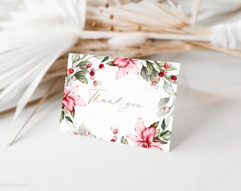 Delicate Poinsettia Christmas Thank You Card, Folded Thank You Note Card, 4"x6" Holiday Card, Printable Thank You, Editable Template