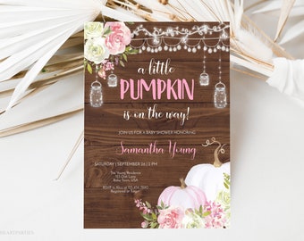Little Pumpkin Baby Shower Invitation, Rustic Baby Girl Shower, Pink Pumpkin, Pink Flowers, Autumn Fall, Editable Template, Instant Download