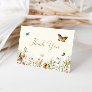 Wildflower vlinder dank u kaartsjabloon, Boho vlinder gevouwen dank u notakaart, Boho weidebloemen, bewerkbare dank u kaart
