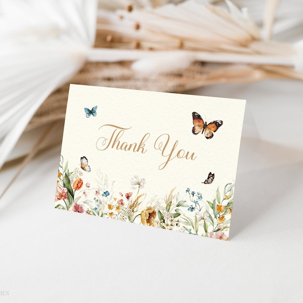 Wildflower Butterfly Thank You Card Template, Bohemian Butterfly Folded Thank You Note Card, Boho Meadow Flowers, Editable Thank You Card