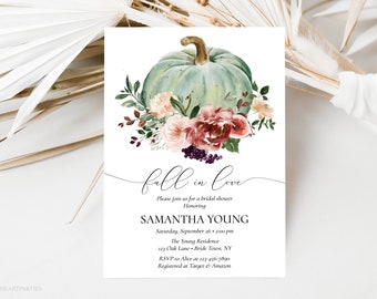 Fall Pumpkin Bridal Shower Invitation Template, Boho Burgundy Fall Florals, Editable Fall In Love Invite, Mint Pumpkin, Instant Download