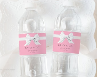 Editable Pink Bride & Co Bridal Shower Label, White Satin Bow with Pink Bottle Label Template, Breakfast at Shower Theme Water Bottles, BTD