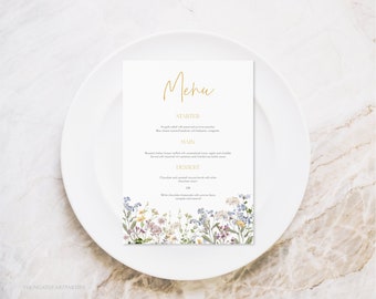 Wildflower Bridal Shower Menu Template, Boho Wildflower Baby Shower Menu, Botanical Wedding Menu, Editable Floral Birthday Menu, 5"x7", WMF