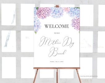 Hydrangea Mother's Day Brunch Welcome Sign Template, Mothers Day Poster Sign, Mother's Day Luncheon Sign, Watercolor Florals, Editable Sign