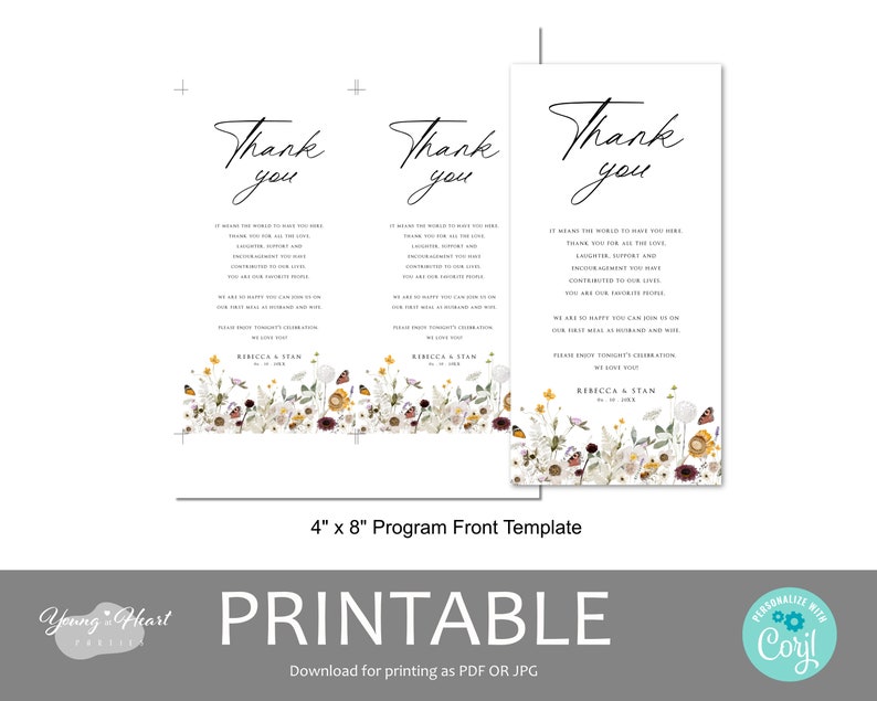 Wildflower Place Setting Thank You, Boho Florals Thank You Letter Template, Editable Wedding Napkin Note, Wedding Menu Thank You Card, DFWF image 7