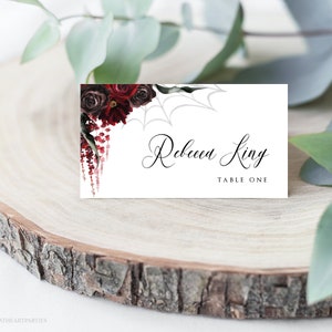 Modèle de marque-places pour mariage gothique, marque-places modifiables pour Halloween, cartes de visite élégantes pour Halloween, carte tente, roses rouges noires, HBS01