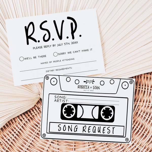 RSVP Tape Cassette Card Template, Wedding Song RSVP, Minimalist Response Card, Editable Song Reply Card, Retro Cassette Tape Rsvp Card