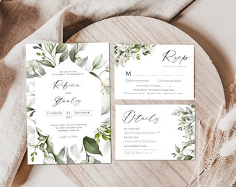 Modern Sage Green Winter Wedding Invitation Set, Editable Green Holly Berry Christmas Wedding Invitation, Printable Details & RSVP, SGH