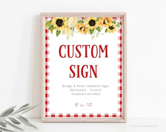 BBQ Custom Signs Templates, Make Your Own BBQ Signs, Red with Sunflowers Barbecue Signs, Picnic Signs, Editable Signs, 8 x 10, 10 x 8