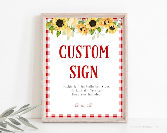 BBQ Custom Signs Templates, Make Your Own BBQ Signs, Red with Sunflowers Barbecue Signs, Picnic Signs, Editable Signs, 8 x 10, 10 x 8 Il_570xn