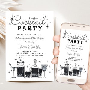 Editable 50s Cocktail Party Invite, Modern Retro Party Invite, Mid Century Retro Cocktail Party Template, Vintage Cocktail Party Invitation