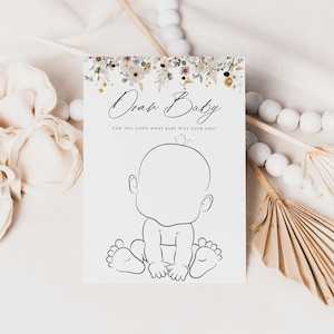 Wildflower Draw Baby Game Template, bewerkbare baby shower game, Boho Draw baby game card, afdrukbare baby shower game, Instant Download, DFWF