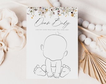 Wildflower Draw Baby Game Template, Editable Baby Shower Game, Boho Draw Baby Game Card, Printable Baby Shower Game, Instant Download, DFWF