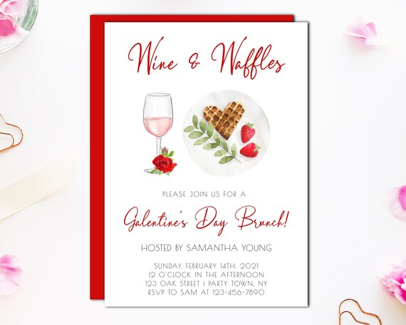 Galentines Day Brunch Invitation, Galentines Party Invitation, Wine and Waffles Party, Valentines Day Party Invite, Editable Template Il_570xn