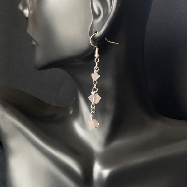 Handmade Rose Quartz Crystal Hanging Earrings, Long Length