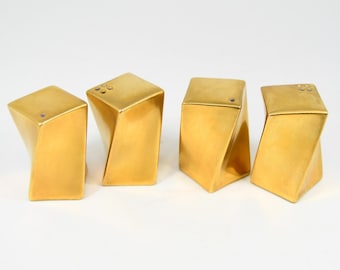 Vintage 1980s Twisted Rectangle Prism Gold Ceramic Salt and Pepper Shakers 2"