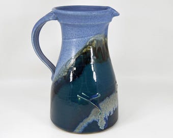 Artist Signed Hand Thrown Studio Art Pottery Pitcher Cobalt Blue Drip Glaze Star