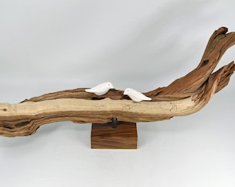 Vtg White Ceramic Bisque Birds on Driftwood Branch Sculpture Natural Signed 19"