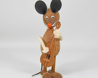 Vintage 1950s Wooden Mouse with Leather Ears and Tail Playing Guitar MCM Japan