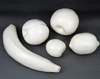 1960s VTG Ceramic Faux Fruit Banana Lemon Apple Plum Peach White Crackle Glaze
