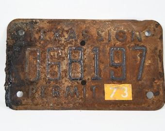 VTG Texas Sign Permit Embossed Thin License Plate Metal 1973 As Is with Tar