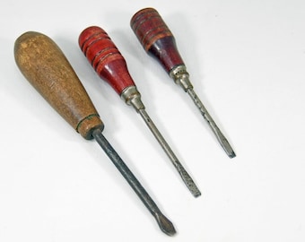 3 Vintage Antique Wood Handle Sewing Machine Flat Head Screwdrivers 3.5"