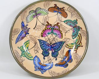 VTG Chinese Asian Butterfly Porcelain Bowl Encased Brass Back Loop 6" Hand Paint
