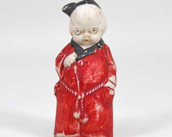 Vintage Antique Red Bisque Grandpa Doll Figure Glasses in Red Robe German 2"
