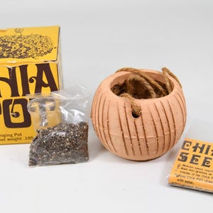 May include: A terracotta hanging pot with vertical grooves and a jute rope, accompanied by a yellow box labeled CHIA POT, a plastic packet of seeds with a net weight of .105 ounces, and a separate packet of chia seeds with printed instructions.