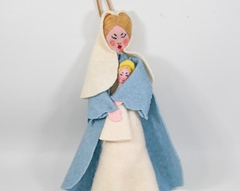 Vintage Felt Christmas Ornament Mary and Baby Jesus Handmade Embroidery 1960s 4"