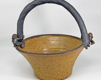 Signed Studio Art Pottery Handled Basket Gnome Elf Monster Halloween AS IS VTG