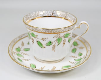 Vintage Phoenix Bone China England Teacup & Saucer Gold Green Leaf Floral 1940s