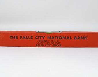 Vintage Advertising Wood Spirit Level Ruler Falls City National Bank Texas Red